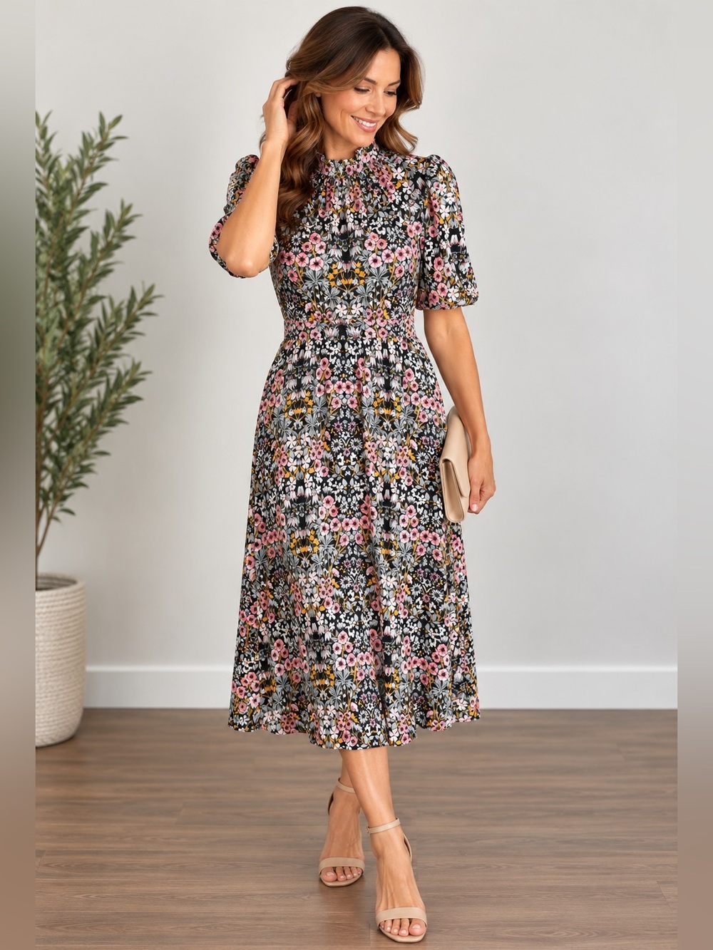 julia jordan Black Floral Midi Dress with Pink & Yellow Accents